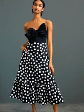 Anthropologie Hutch B&W Polka Dot Bow Tie Maxi Dress Ruffle Hem 6 NWT org $218